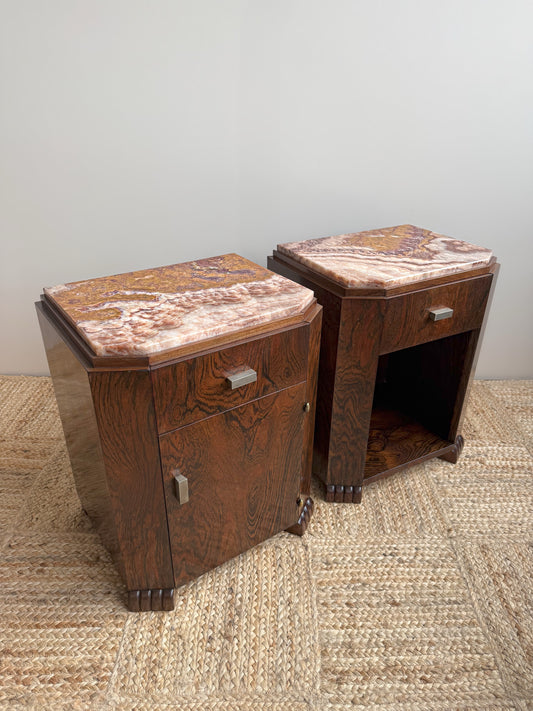 Marble Top Burl Walnut Bedside Tables