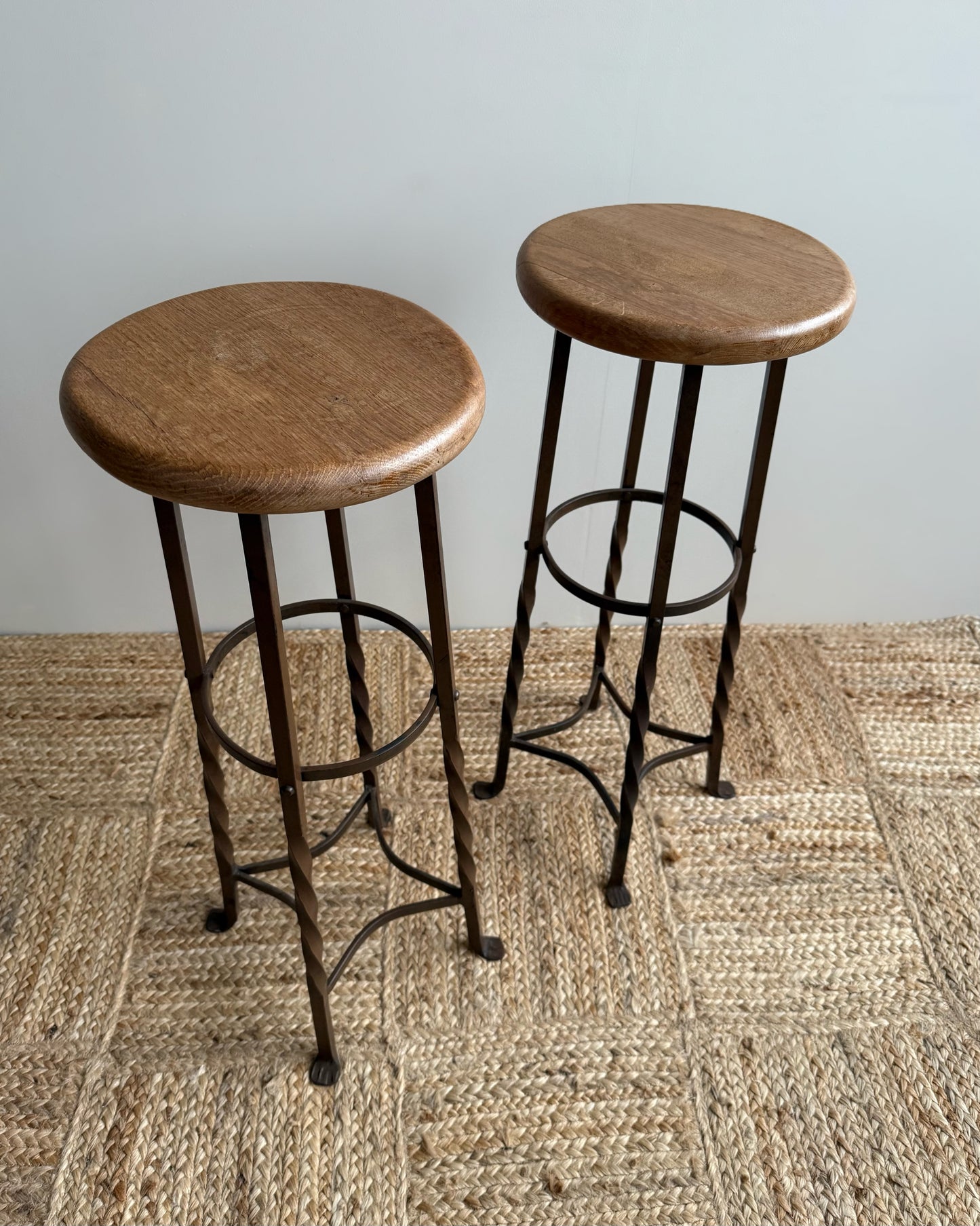 Pair French Twisted Iron Bar Stools