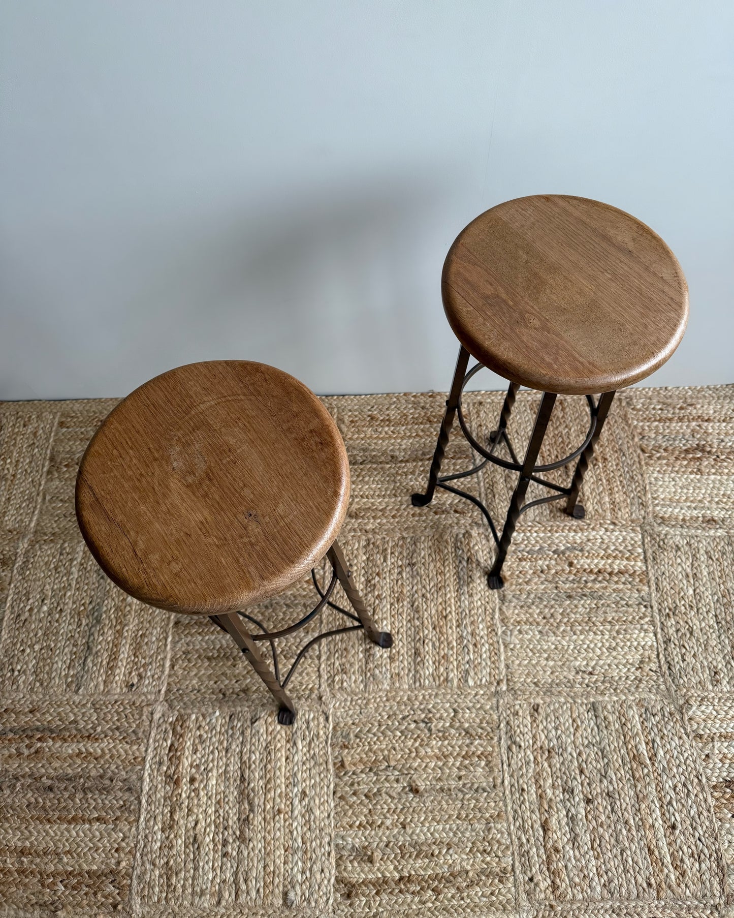 Pair French Twisted Iron Bar Stools