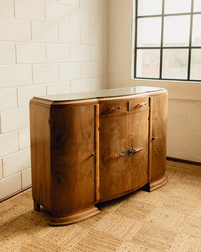 Marble Top Burl Art Deco Sideboard