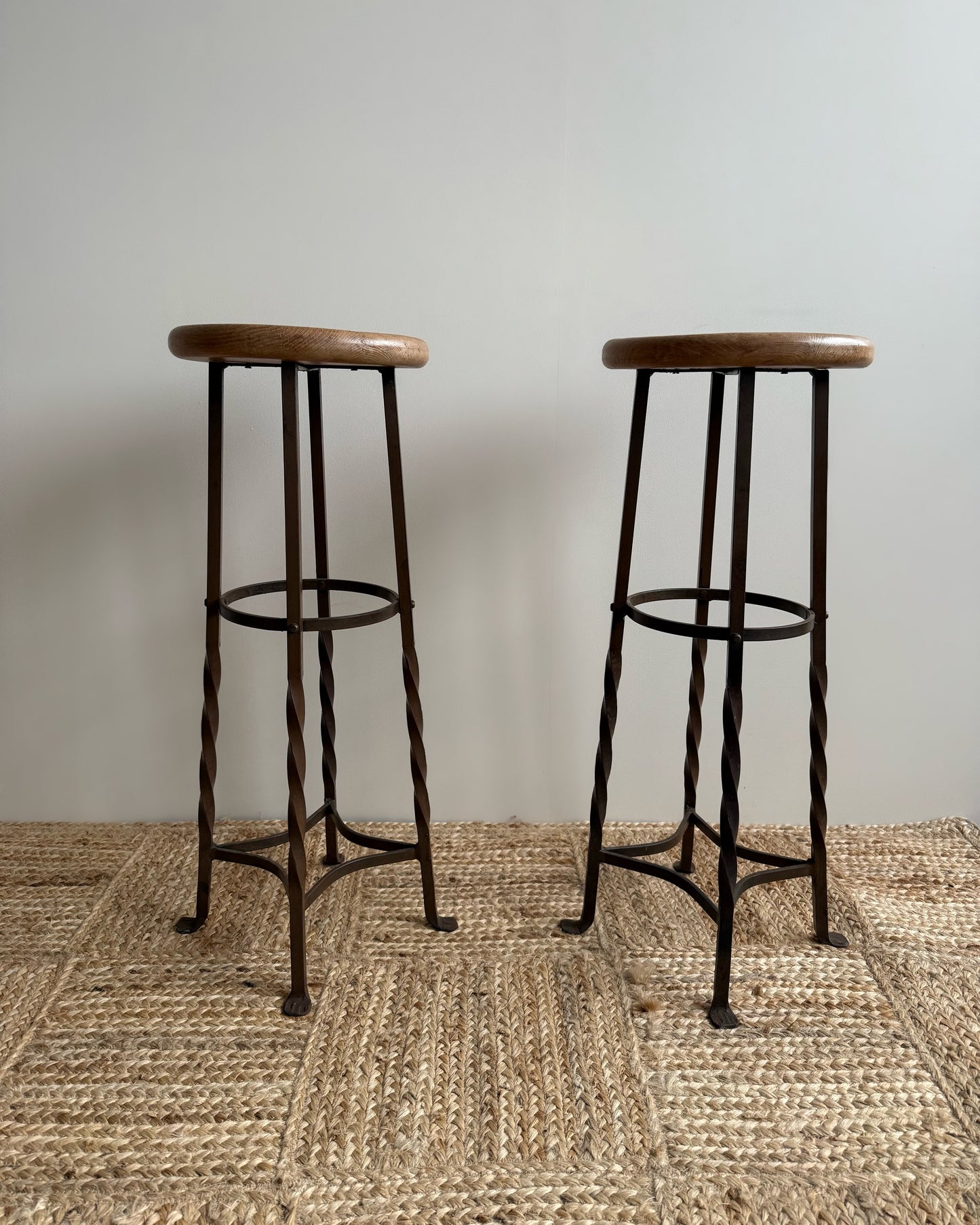 Pair French Twisted Iron Bar Stools