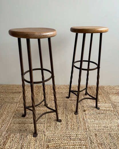 Pair French Twisted Iron Bar Stools